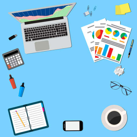 Office desktop workspace laptop, notepad, phone, coffee.   Office table top view. Vector flat design for business web infographic conceptのイラスト素材