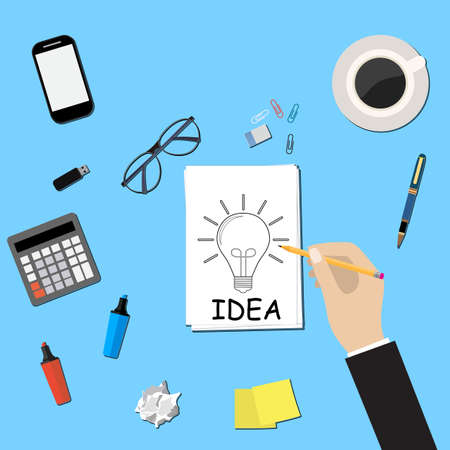 Concept for sketching ideas. Hand with pencil over white sheet of paper. Office table top view. Vector flat design for business web infographic conceptのイラスト素材
