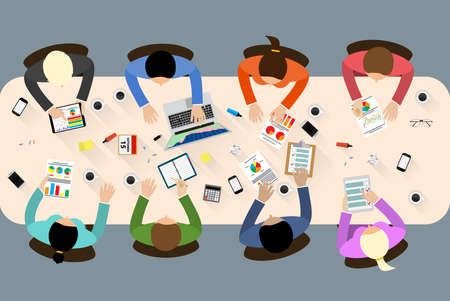 Group of people working, planning, brainstorming idea of company strategy. Office table top view.  Teamwork creative office workspace. Vector flat design for business web infographic conceptのイラスト素材
