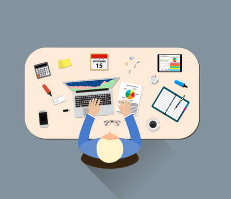 Office table top view business.  Businessman accountant marketing workplace. Vector flat design for business web infographic conceptのイラスト素材