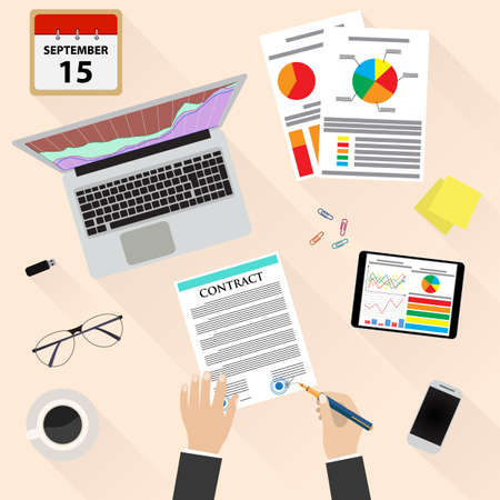 Business man document signing up contract agreement, Office desktop workspace laptop, notepad, phone, coffee.   Office table top view. Vector flat design for business web infographic conceptのイラスト素材