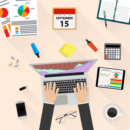 Businessman work witn Financial Statement with chart and graph. Businessman Workplace Desk. Vector illustration in flat design  for business concept. Analysis, Analytics conceptのイラスト素材