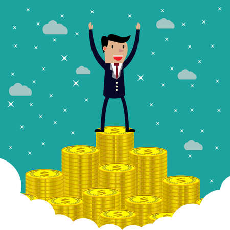 businessman happy standing on the huge money staircase. vector illustration in flat design on green backgound,のイラスト素材