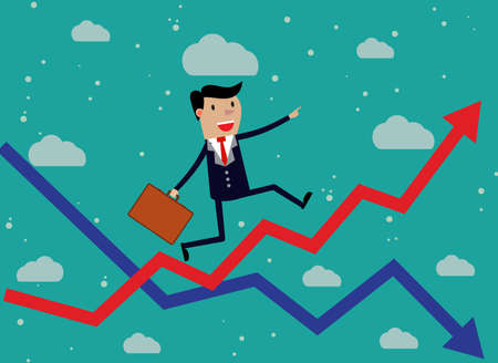 Businessman Running Red Arrow Graph Up Climbing. vector illustration in flat design on green backgound.のイラスト素材