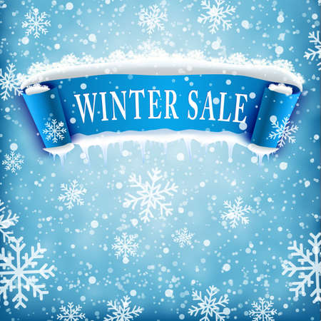 Winter sale background with blue realistic ribbon banner and snow. Winter sale. Christmas sale. New year sale. Vector illustrationのイラスト素材