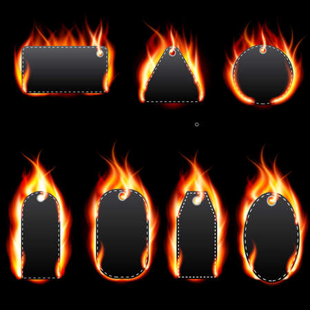 Realistic Fire Label Set on Dark Background Vector Illustrationのイラスト素材