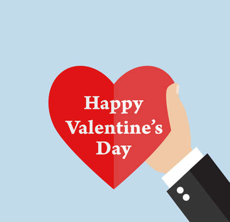 Valentine day greeting card. Hand holding heart. Announcement and Celebration Message Poster, Flyer.  vector illustration in flat design.のイラスト素材