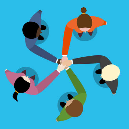 businessman and woman join hands by touching top of each other. Top view. Vector flat design for business web infographic concept.のイラスト素材