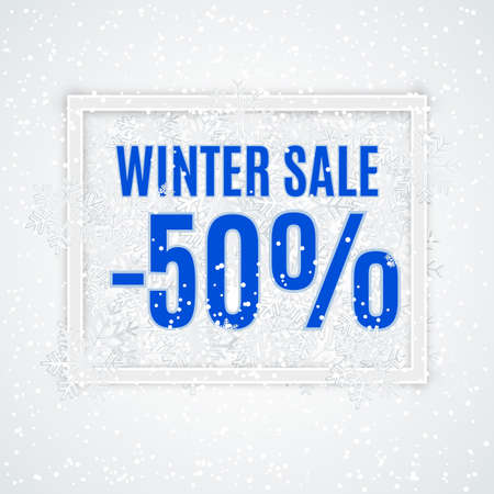 Winter sale inscription on background with snowflake. Vector illustration EPS 10. sale special promotion card, gift, -50 discount sale template. vetor banner or ticketのイラスト素材