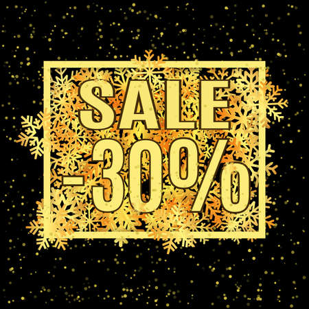 sale special promotion card, gift, -30 discount sale template with golden snowflakes. Holiday background mock for banner or ticket. Gold luxury background for winter sale. Vector illustration.のイラスト素材