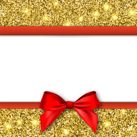 Invitation decorative card template with bow and gold shiny glitter. Gold background for flyer, poster, banner, web, header. Vector illustration.のイラスト素材