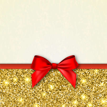 Invitation decorative card template with bow and gold shiny glitter. Gold background for flyer, poster, banner, web, header. Vector illustration.のイラスト素材