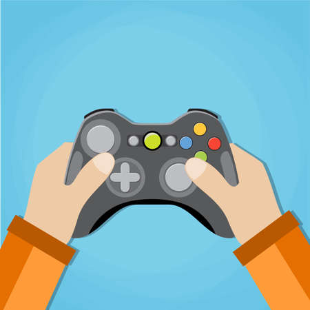 Hands holding wireless gamepad. vector illustration in flat design on blue background