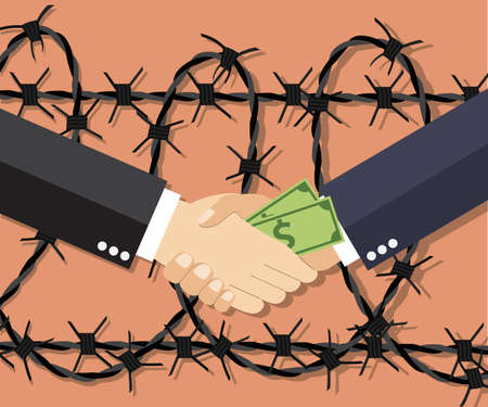 Cartoon Businessman giving a bribe. Vector illustration in flat design on light background with barbed wire. anti Corruption concept.のイラスト素材