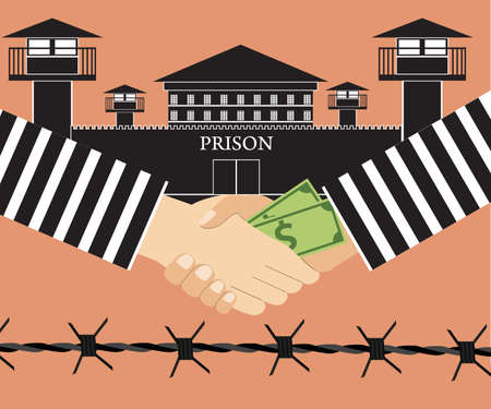 Cartoon Businessman giving a bribe. Vector illustration in flat design on light background with barbed wire. anti Corruption concept.のイラスト素材