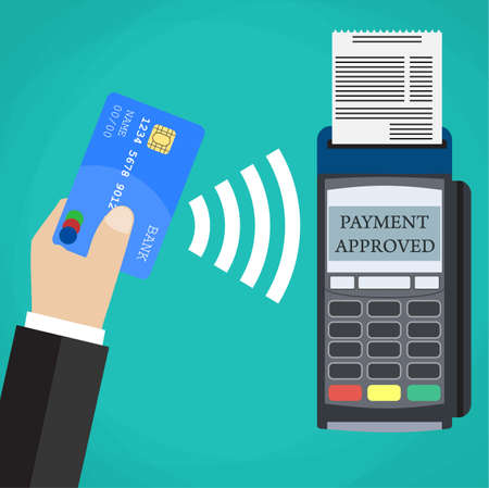 Pos terminal confirms the payment by debit credit card. Vector illustration in flat design on green background. nfc payments conceptのイラスト素材