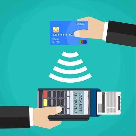 Pos terminal confirms the payment by debit credit card. Vector illustration in flat design on green background. nfc payments conceptのイラスト素材