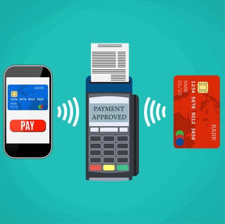 Pos terminal confirms the payment by smartphone and card. Vector illustration in flat design on blue...