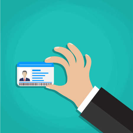 Businessman Hand holding Id card. Illustration in flat styleのイラスト素材