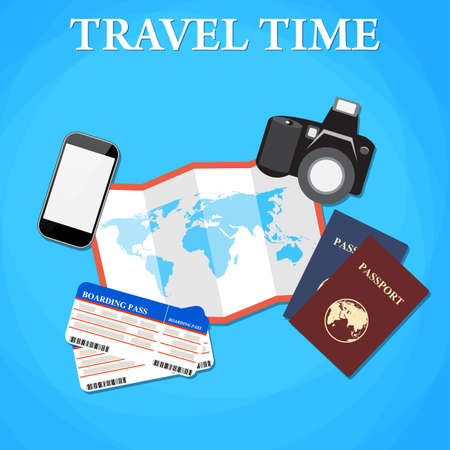 Travel and tourism concept. Air tickets, passports and phone, camera and world map, tourism and planning, vector illustration. Travel Concept.のイラスト素材