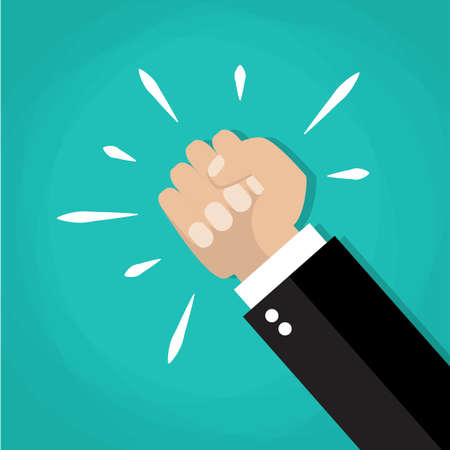 protest or winner concept, cartoon mans hand, vector illustration in flat design. employees revolution against leadership sticker, politics achievementのイラスト素材