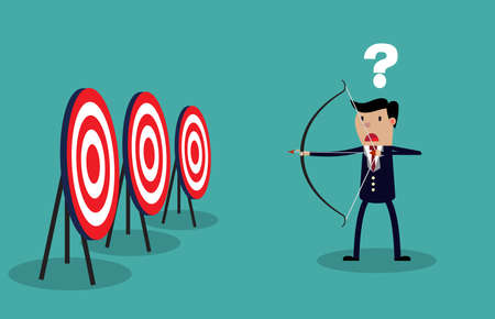 Cartoon businessman with bow and many targets. Conceptual vector illustration on green background.のイラスト素材