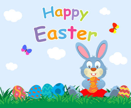 Flat Easter holiday modern style design vector celebration decoration postcard background template. Decorative elements objects painted eggs and bunny rabbit.のイラスト素材