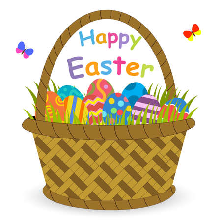 Basket with easter eggs isolated on white background. Easter eggs in basket illustration, Easter eggs. Brown easter basket with eggs. Easter basket full of eggs. Easter color eggs vector illustrationのイラスト素材