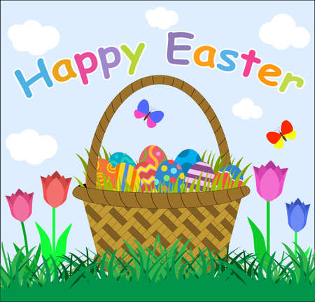 Easter eggs in basket, basket full of eggs and tulips in green grass, blue sky and white clouds on background, vector illustrationのイラスト素材
