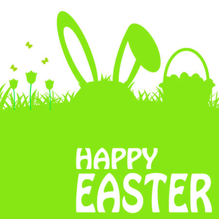 Illustration cartoon Easter poster with rabbit and grass. Silhouette of easter rabbit with a basket and egg. vector illustrationのイラスト素材