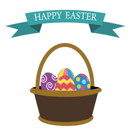 Basket with easter eggs isolated on white background. Easter eggs in basket illustration, Easter eggs. Brown easter basket with eggs. Easter basket full of eggs. Easter color eggs vector illustrationのイラスト素材
