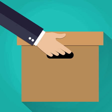 businessman Hand carrying a cardboard box. delivery concept. vector illustration in flat design on green background with long shadowのイラスト素材