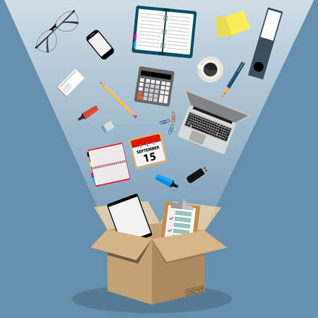 Concept of moving into a new office, cardboard box with documents, laptop, calculator, calendar, tablet PC, coffee cup. vector illustration in flat design on blue backgroundのイラスト素材