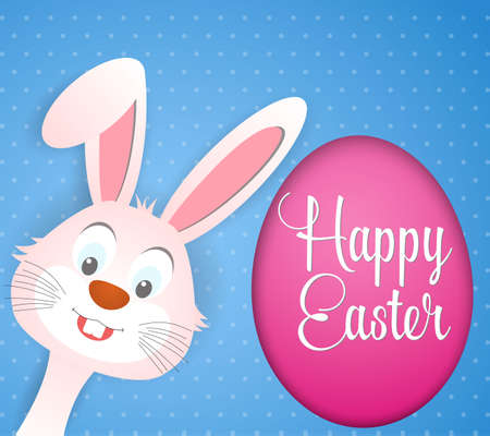 Happy Easter card with rabbit ears. Easter rabbit for Easter holidays design. Easter bunny on blue background. Happy Easter card with eggのイラスト素材