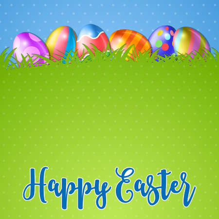Easter background and egg in grass. several colorful eggs and in green grass, blue sky on background, vector illustrationのイラスト素材