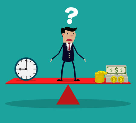 business woman making decision between time or money, time is money concept.  Balancing Time and Money. vector illustrationのイラスト素材