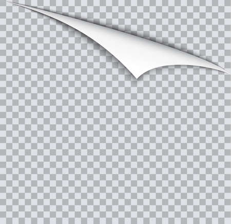 Page curl with shadow on blank sheet of paper. White paper sticker. Element for advertising and promotional message isolated on transparent background. Vector illustration for your design and businessのイラスト素材