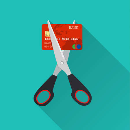Red credit card cutting by the scissors. Illustration suitable for advertising and promotion. vector illustration in flat design on green background with long shadowのイラスト素材
