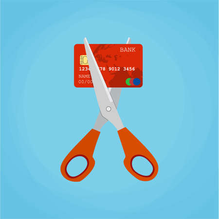 Red credit card cutting by the scissors. Illustration suitable for advertising and promotionのイラスト素材