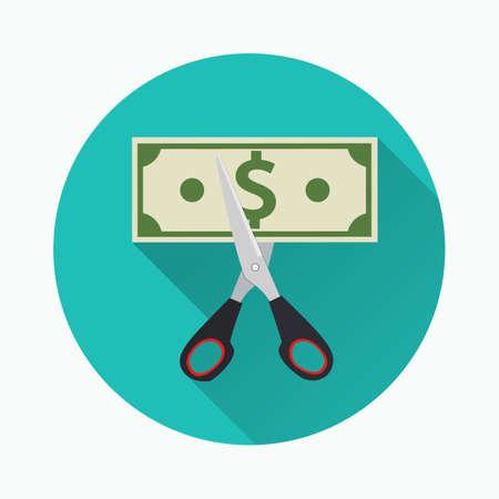 Scissors cutting money bill. vector illustration  icon in flat design on green background with long shadow. Reducing cost conceptのイラスト素材