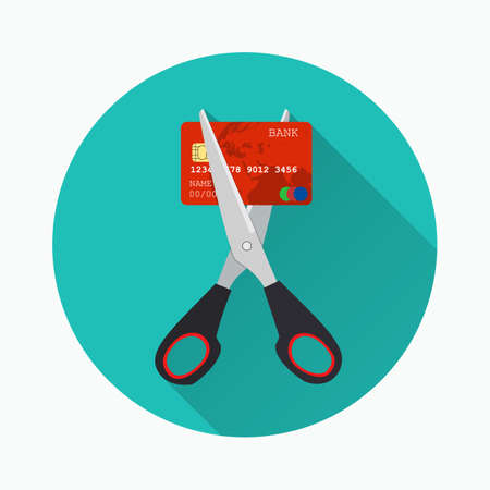 Red credit card cutting by the scissors. Illustration suitable for advertising and promotion. vector illustration  icon in flat design on green background with long shadowのイラスト素材