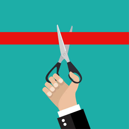 Human hand holding a pair of scissors and cut the red ribbon. Stock vector illustration. Vector illustrationのイラスト素材