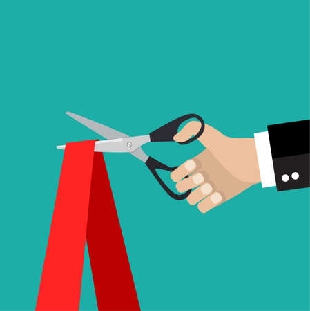 Human hand holding a pair of scissors and cut the red ribbon. Stock vector illustration. Vector illustrationのイラスト素材