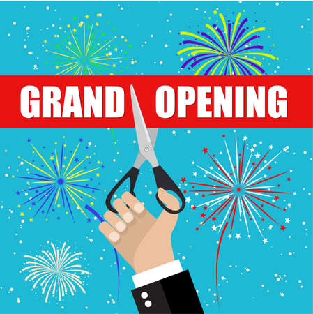 Grand opening with fireworks. Grand opening ceremony and celebration and event. Scissors cut red ribbon. Vector illustrationのイラスト素材