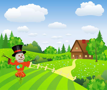Farm landscape with cartoon scarecrow. vector illustrationのイラスト素材