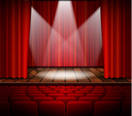 A theater stage with a red curtain, seats and a spotlight. Vector.のイラスト素材