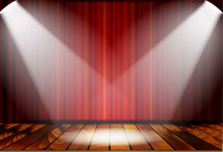 Theatrical scene with red curtains and wooden floor. Stock vector illustration.のイラスト素材