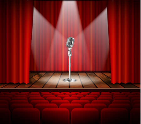 Metallic silver vintage microphone standing on empty stage under beam of spotlight light. mic on podium in the dark against red curtain backdrop. vector art image illustration, retro designのイラスト素材