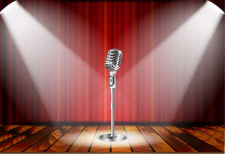 Metallic silver vintage microphone standing on empty stage under beam of spotlight light. mic on podium in the dark against red curtain backdrop. vector art image illustration, retro designのイラスト素材