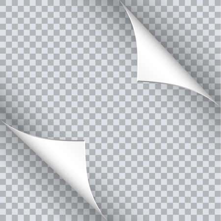 Page curl with shadow on blank sheet of paper. White paper sticker. Element for advertising and promotional message isolated on transparent background. Vector illustration for your design and businessのイラスト素材